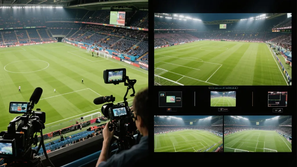 球场上方航拍与多机位屏幕合成回放画面