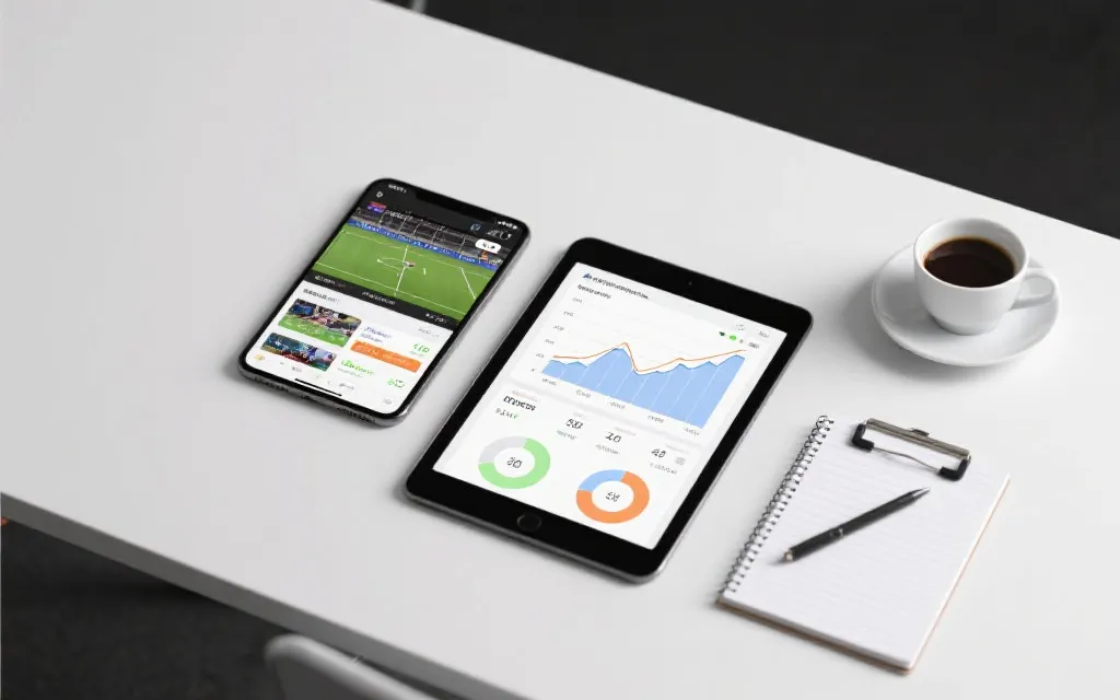手机与平板同屏显示比赛直播与数据图表，桌面有战术笔记与咖啡