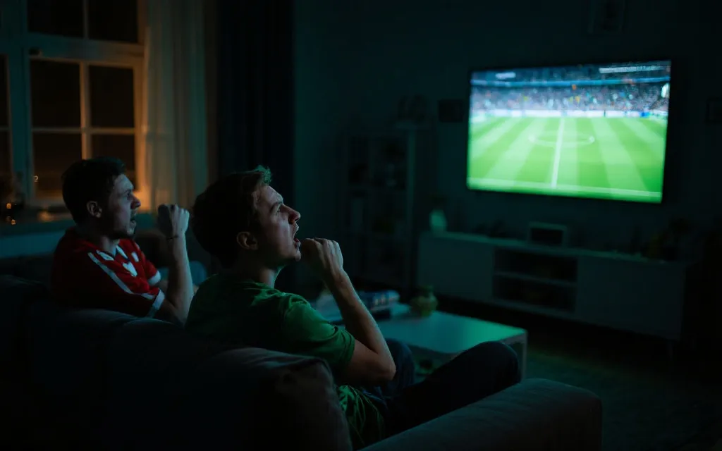 球迷在夜色中观看关键战的氛围场景